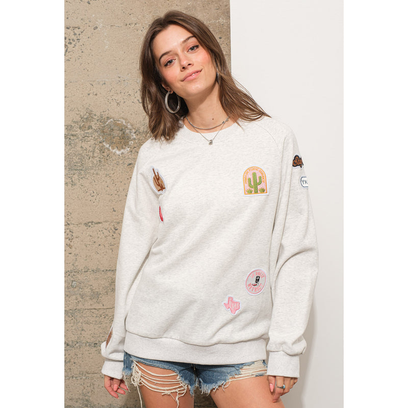Blue B Women's Oatmeal Western Patch Sweatshirt