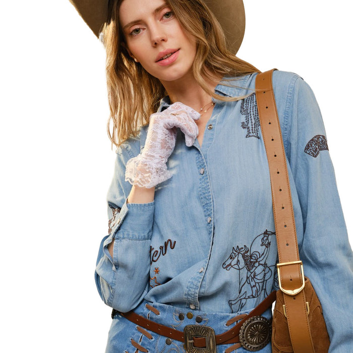 Blue B Women's Washed Denim Embroidered Western Shirt