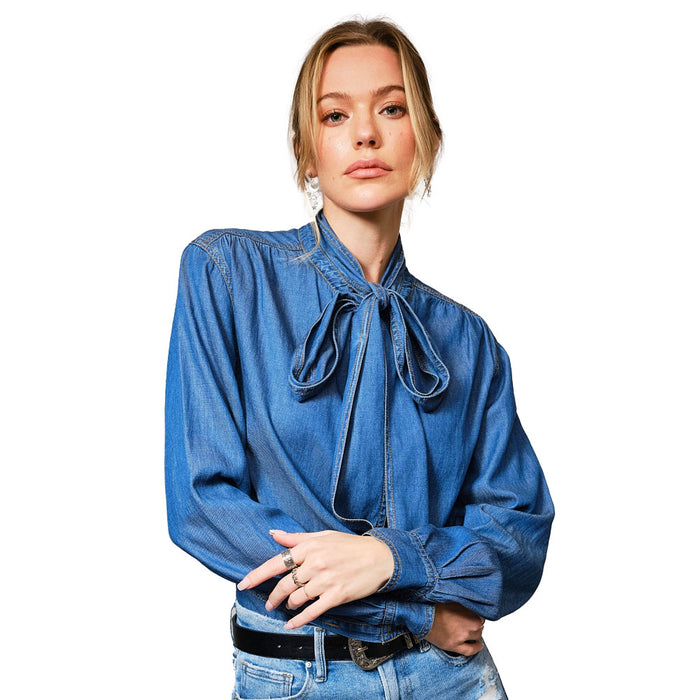 Blue B Women's Dark Wash Tie Neck Denim Top