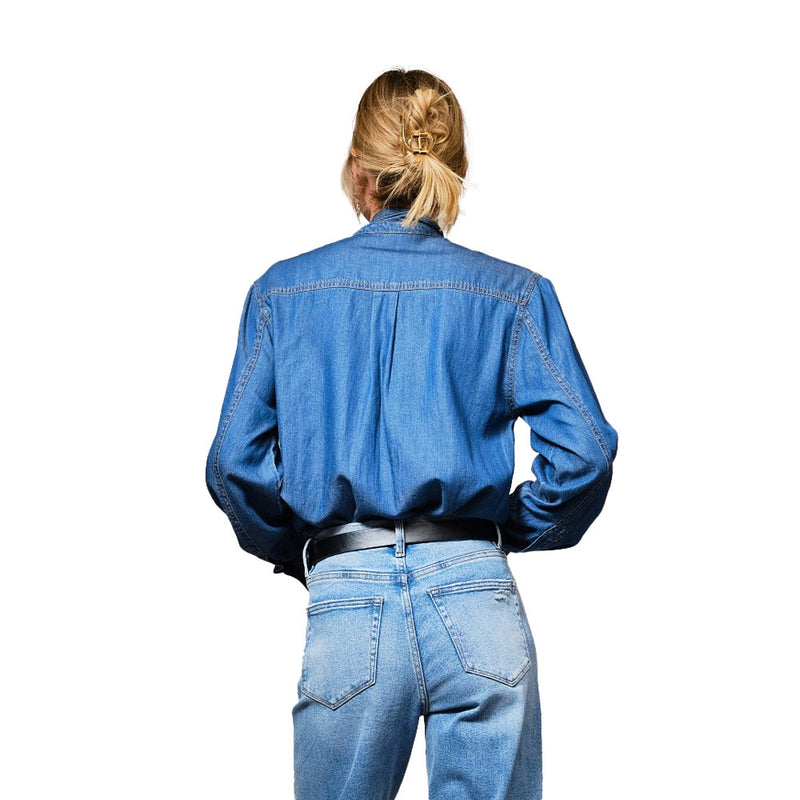 Blue B Women's Dark Wash Tie Neck Denim Top