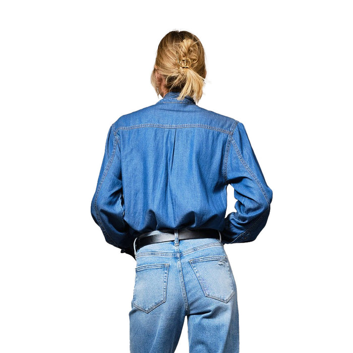Blue B Women's Dark Wash Tie Neck Denim Top