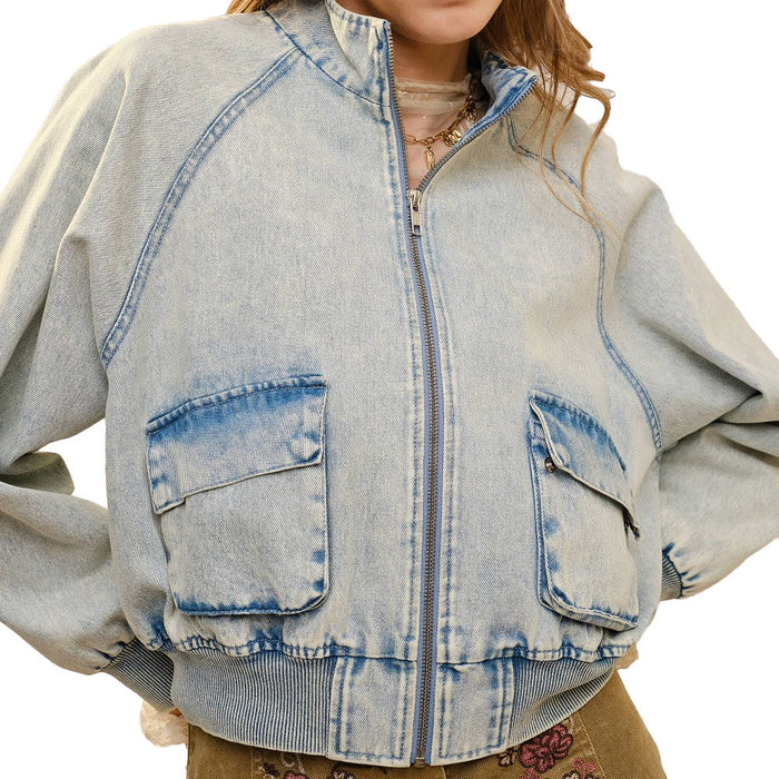 Blue B Women's Light Wash Denim Bomber Jacket