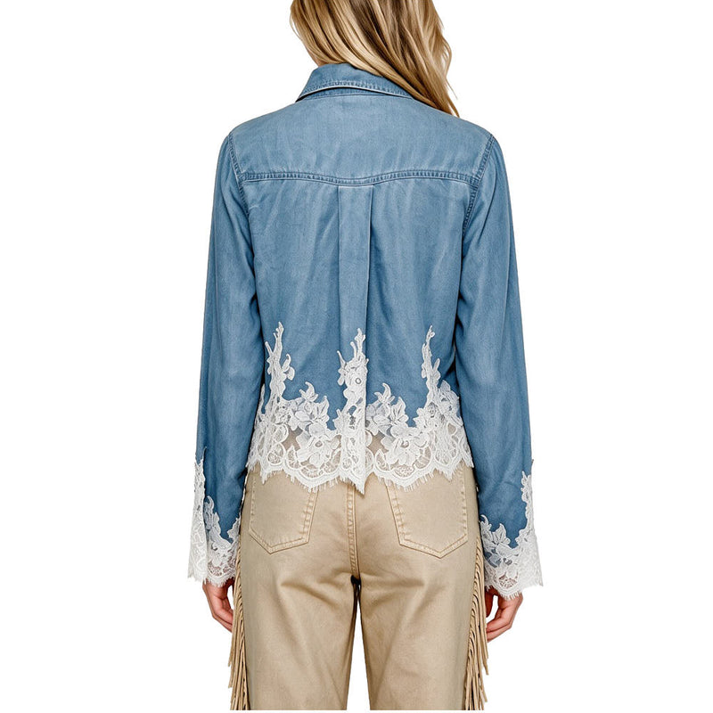 Blue B Women's Light Denim Chambray Lace Trim Button Shirt