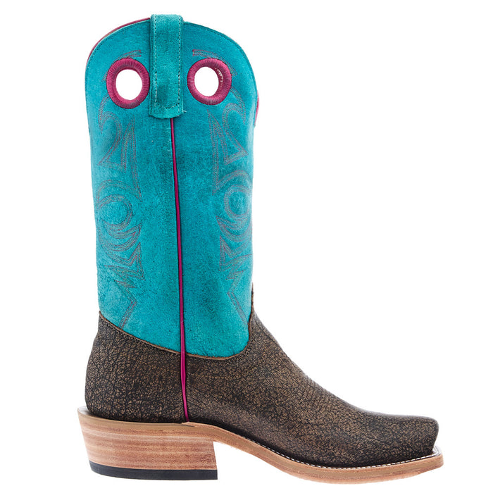 Olathe Boot Company Men's Ride Ready Brown Safari Cape Buffalo Vamp 13in Turquoise Sinsation Top