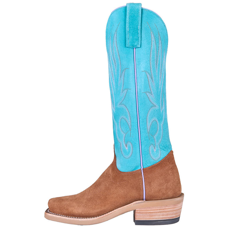Olathe Boot Company Women's Ride Ready Toast Chap Suede Vamp 15in Turquoise Sinsation Top
