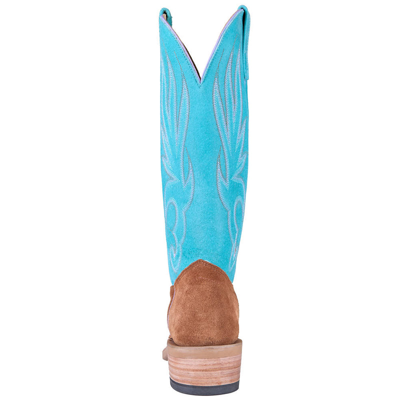 Olathe Boot Company Women's Ride Ready Toast Chap Suede Vamp 15in Turquoise Sinsation Top