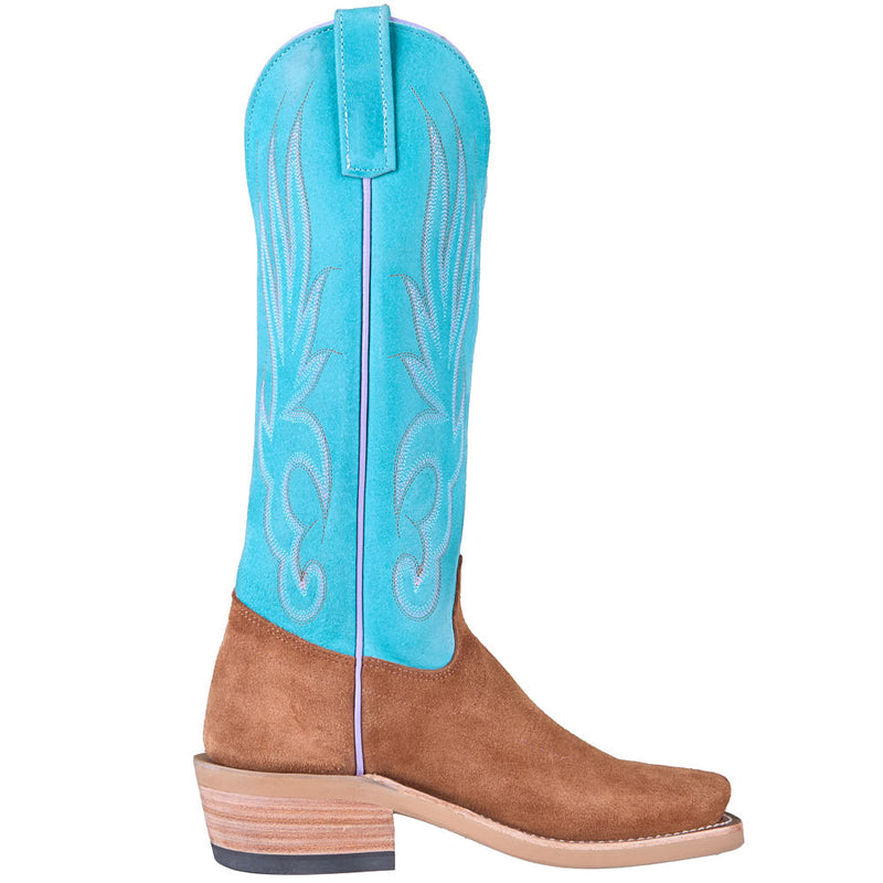 Olathe Boot Company Women's Ride Ready Toast Chap Suede Vamp 15in Turquoise Sinsation Top