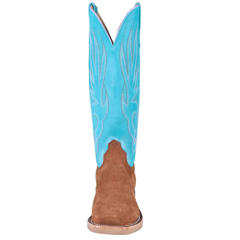 Olathe Boot Company Women's Ride Ready Toast Chap Suede Vamp 15in Turquoise Sinsation Top