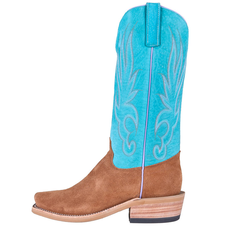 Olathe Boot Company Men's Ride Ready Toast Chap Suede Vamp 15in Turquoise Sinsation Top