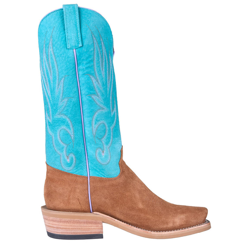 Olathe Boot Company Men's Ride Ready Toast Chap Suede Vamp 15in Turquoise Sinsation Top