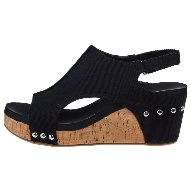 Corkys Footwear Women`s Corky Carley Black Canvas Wedge Sandal