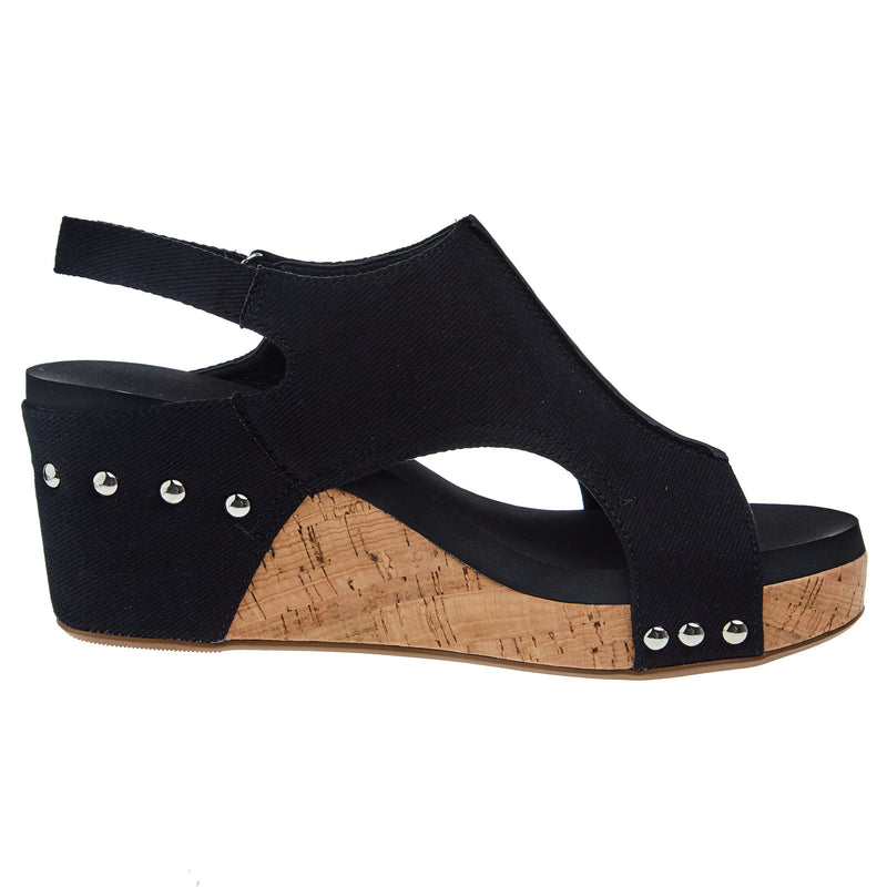 Corkys Footwear Women`s Corky Carley Black Canvas Wedge Sandal