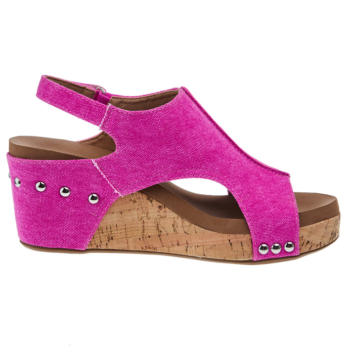 Corkys Footwear Women`s Corky Carley Bright Pink Canvas Wedge Sandal
