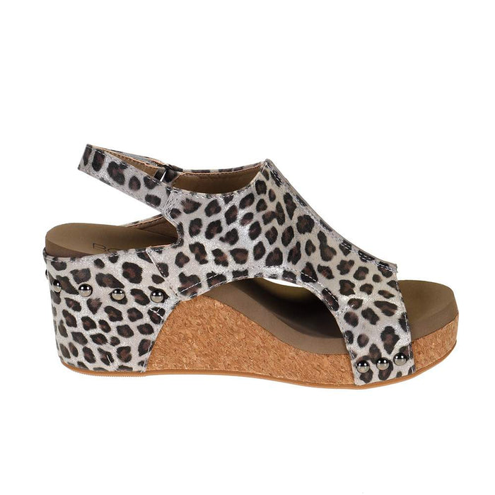 Corkys Footwear Womens Corkys Carley Silver Leopard Wedge Sandal