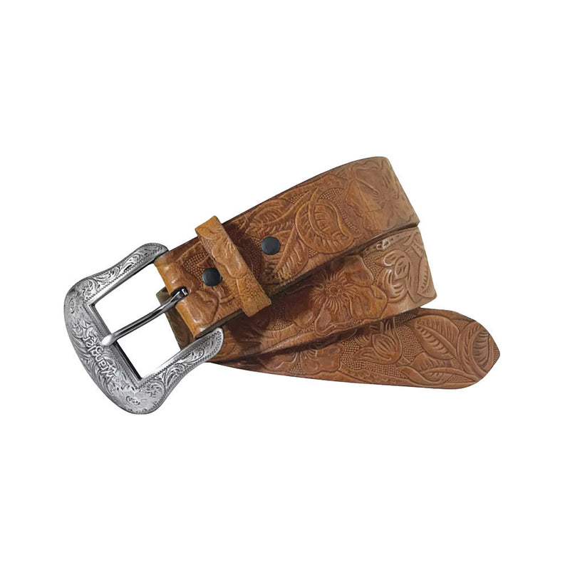Women's Floral Embossed Burnished Edge Belt with Buckle