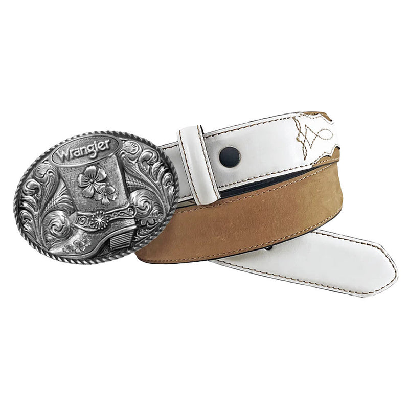Girl's Color Block Toe Bug Stitch Leather Tab Belt with Boot Buckle