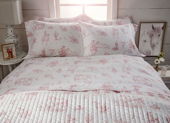 Rod's True Western Dusty Rose Pink Cowgirl Toile Sheet Set