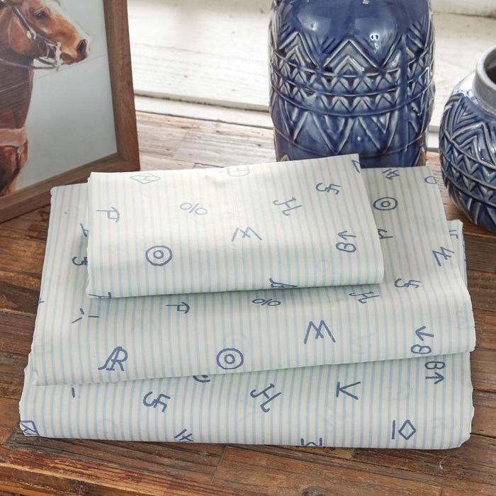 Rod's True Western Cattle Brands Chambray Blue Ticking Stripe Sheet Set
