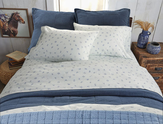 Rod's True Western Cattle Brands Chambray Blue Ticking Stripe Sheet Set