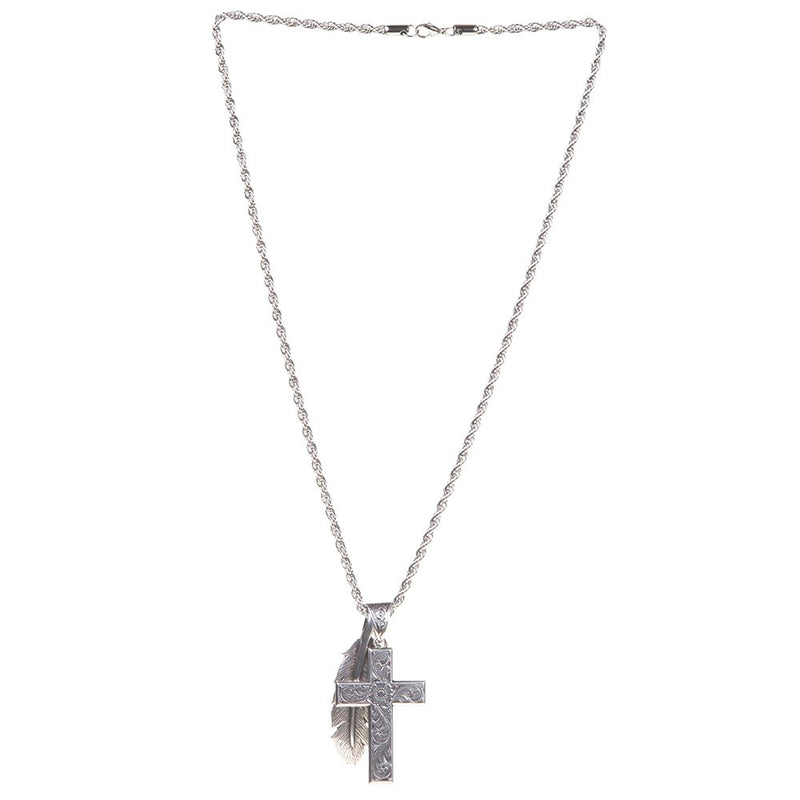 M+F Western Products Silver Cross And Feather Necklace