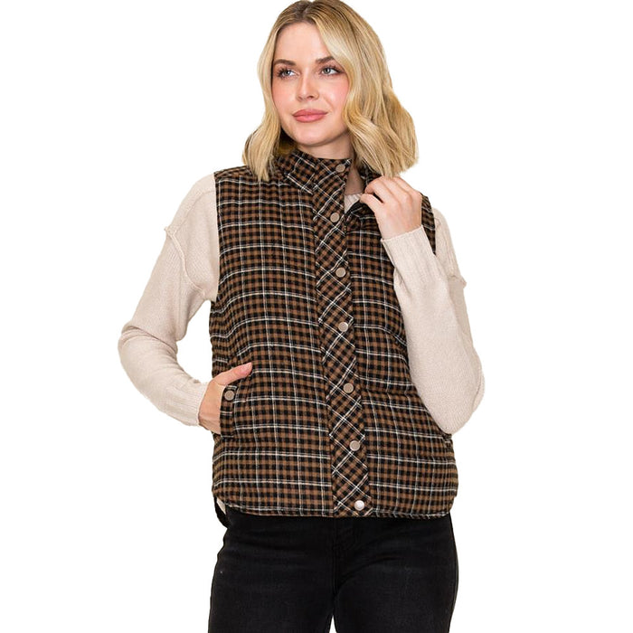 Staccato Women's Taupe Plaid Puff Vest