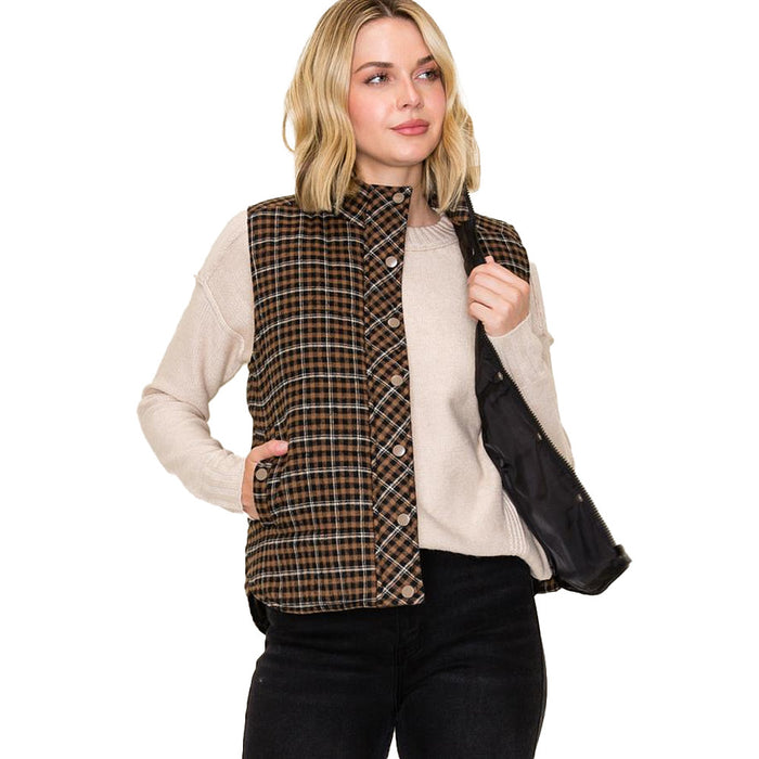 Staccato Women's Taupe Plaid Puff Vest