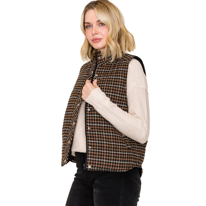 Staccato Women's Taupe Plaid Puff Vest