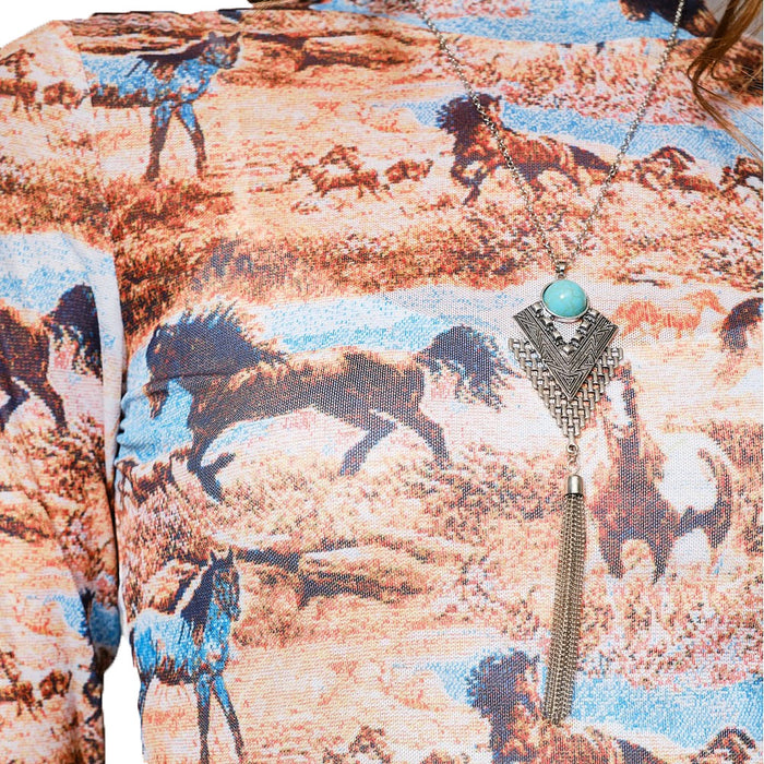 Blue B Women's Brown Western Horse Mesh Top