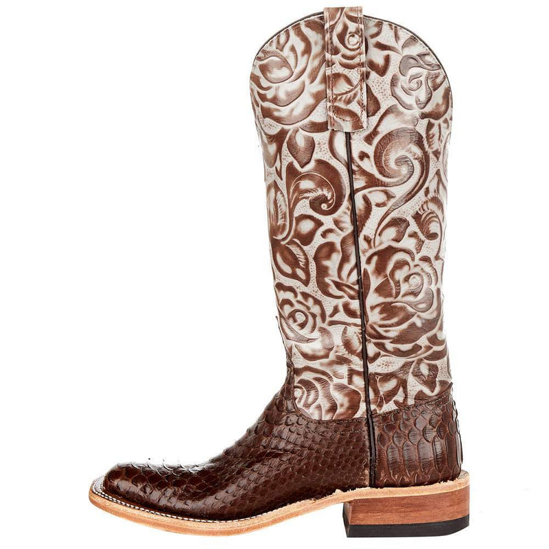 Anderson Bean Women`s AB Dark Brown Matte Python Rusty Old Tin Roof Cowgirl Boots