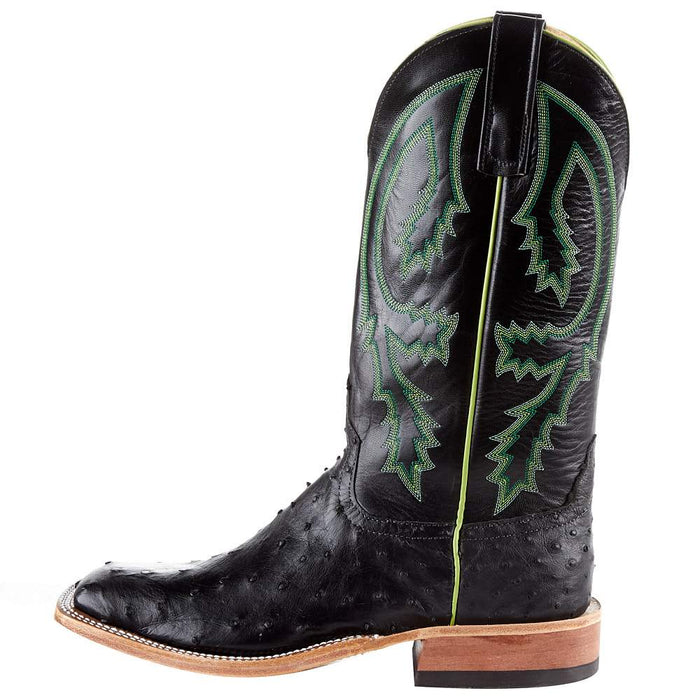 Anderson Bean Men's Black Full Quill Ostrich 13in. Black Kidskin Top Square Toe Boots