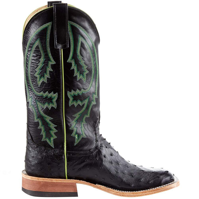 Anderson Bean Men's Black Full Quill Ostrich 13in. Black Kidskin Top Square Toe Boots