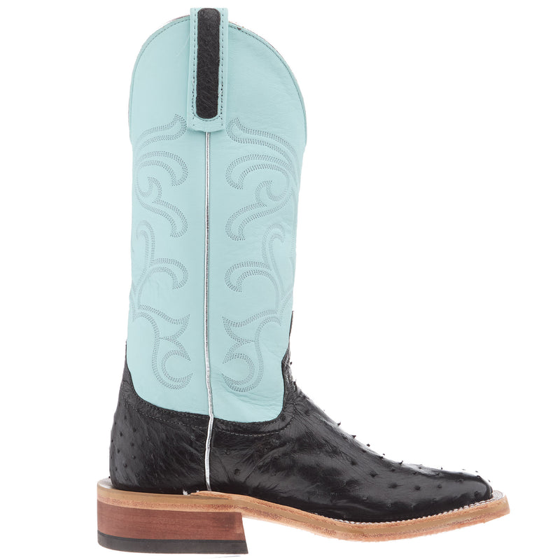 Anderson Bean Women`s AB Black Full Quill Ostrich Ride Ready 13 In Cool Aqua Top Cowgirl Boot