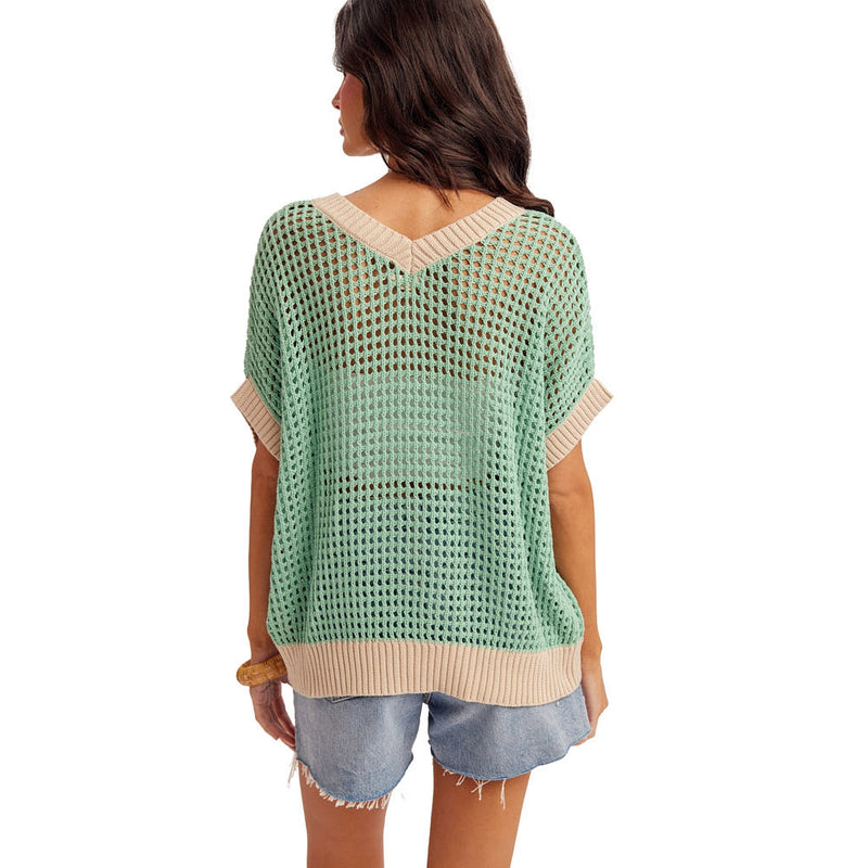 Hem And Thread Women's Green Daisy Patch Net Sweater