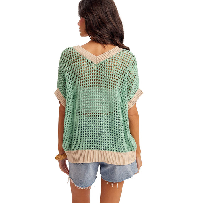 Hem And Thread Women's Green Daisy Patch Net Sweater