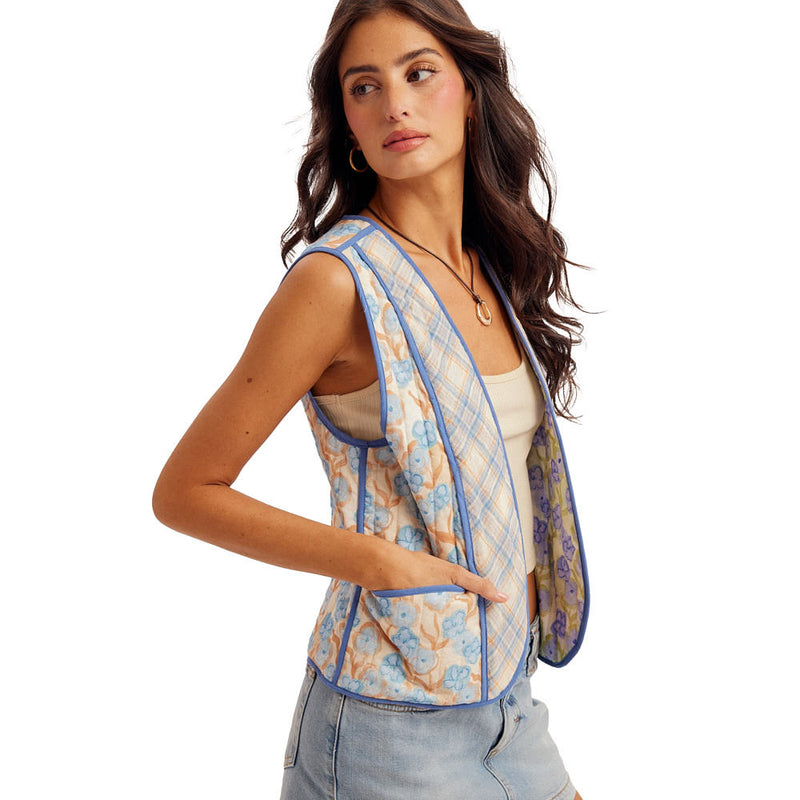 Hem And Thread Women's Blue Reversible Floral & Plaid Vest