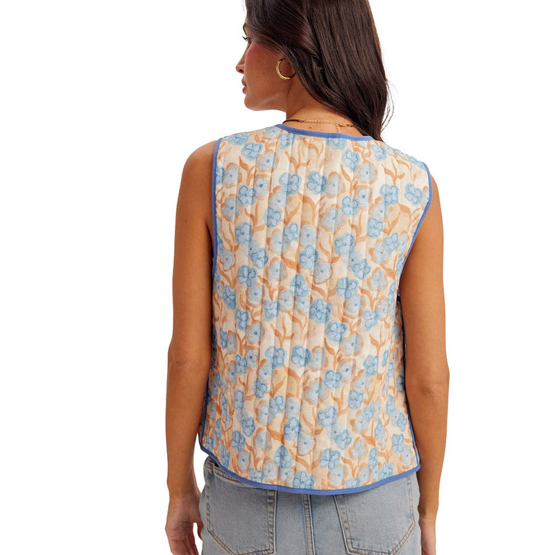 Hem And Thread Women's Blue Reversible Floral & Plaid Vest