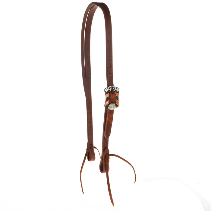Cowperson Tack 3/4 inch Slit Ear Headstall with Copper Bar and Silver Flowers Buckle