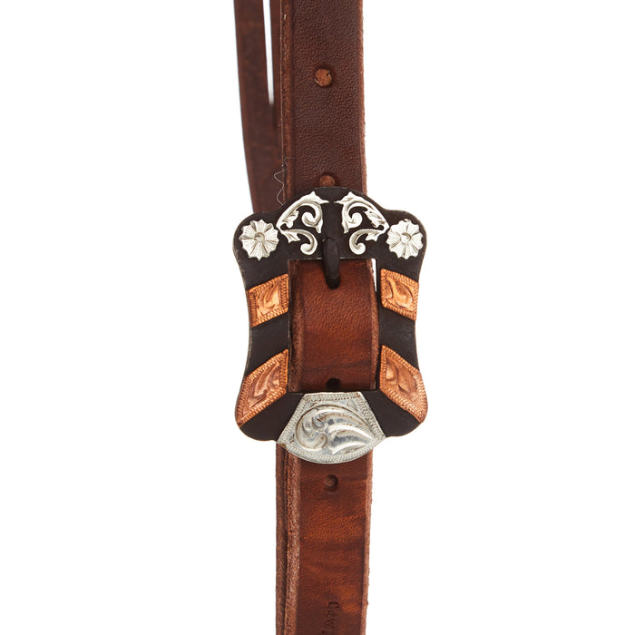 Cowperson Tack 3/4 inch Slit Ear Headstall with Copper Bar and Silver Flowers Buckle