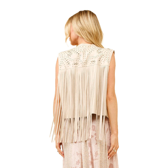 Blue B Women's Stone Faux Leather Beaded Fringe Vest