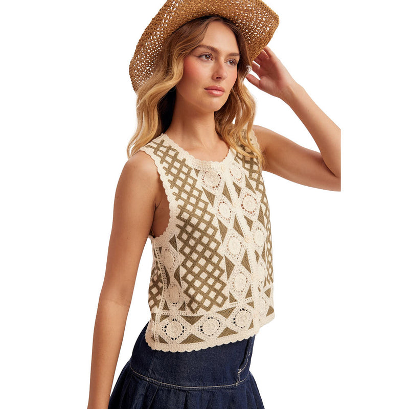 Hem And Thread Women's Olive Button Crochet Vest