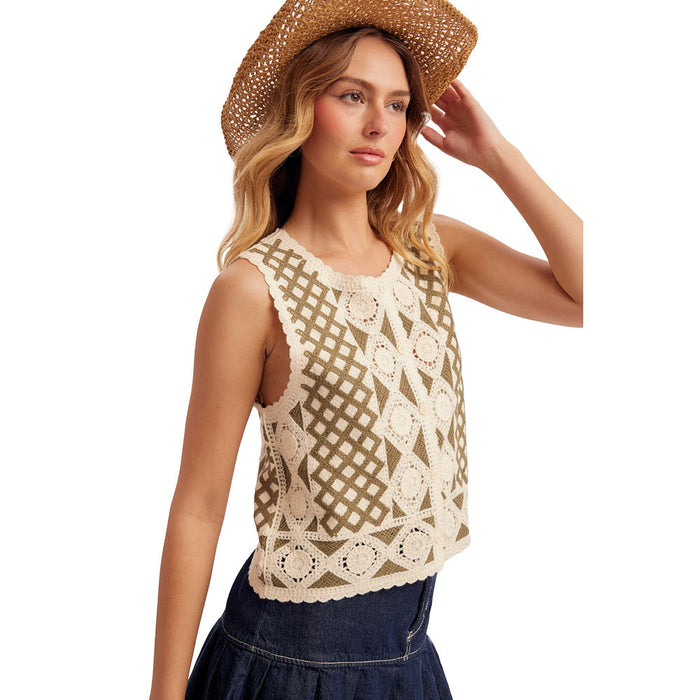 Hem And Thread Women's Olive Button Crochet Vest
