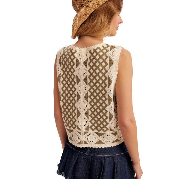 Hem And Thread Women's Olive Button Crochet Vest