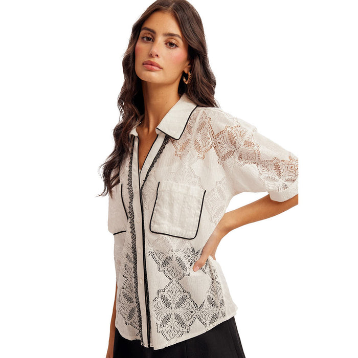 Hem And Thread Women's White Piping Contrast Lace Shirt
