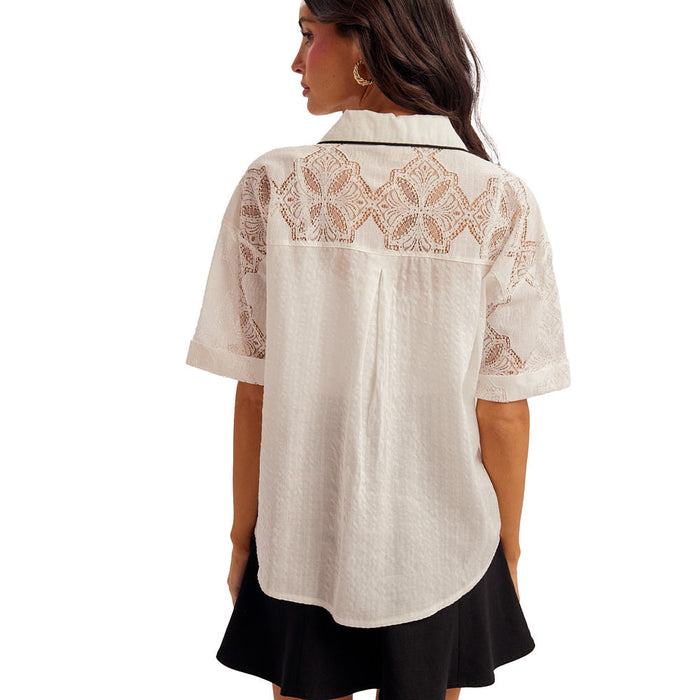 Hem And Thread Women's White Piping Contrast Lace Shirt