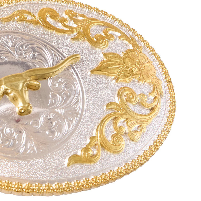 Large Oval Boxed Gold Longhorn Silver Belt Buckle