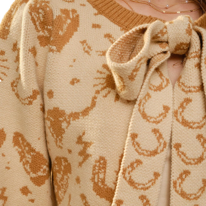 Blue B Women's Taupe Western Motif Tie Front Cardigan