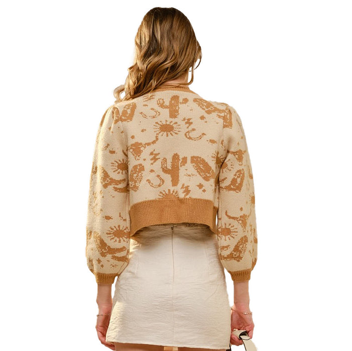 Blue B Women's Taupe Western Motif Tie Front Cardigan