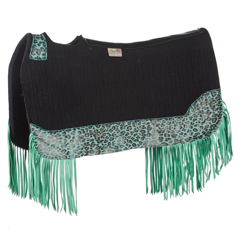 5 Star Equine Products Supplies Inc. 3/4in 30x28 Barrel Racer Black Felt Pad w/ Caribbean Leopard and Mint Fringe
