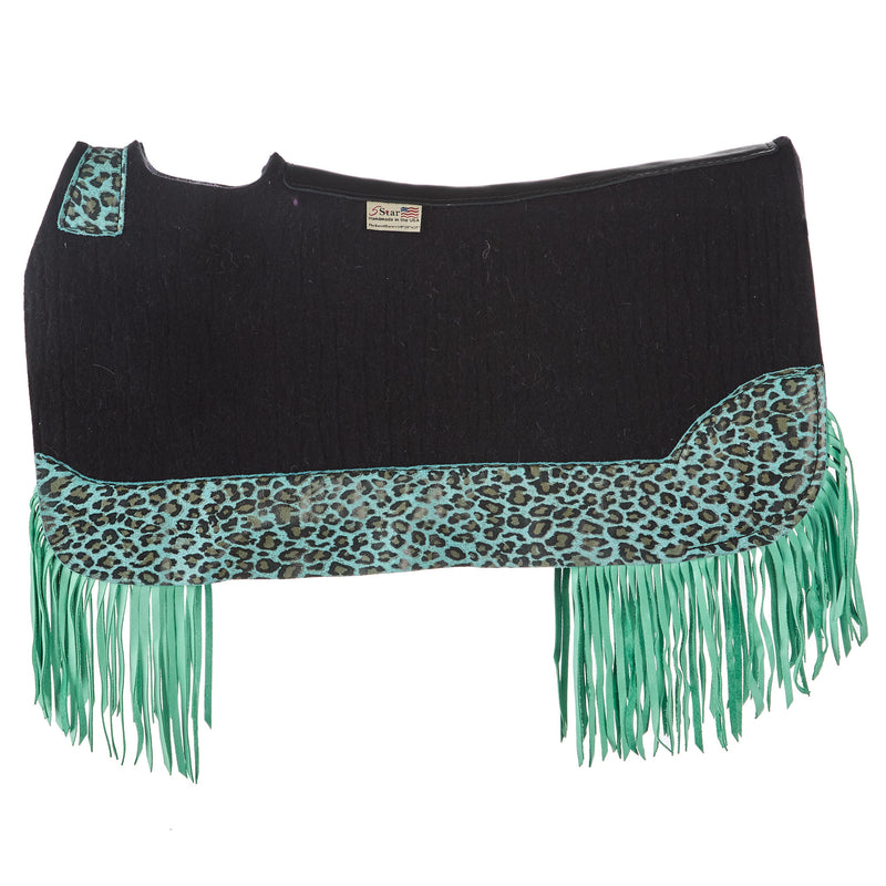 5 Star Equine Products Supplies Inc. 3/4in 30x28 Barrel Racer Black Felt Pad w/ Caribbean Leopard and Mint Fringe