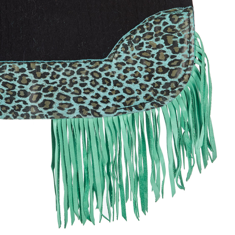 5 Star Equine Products Supplies Inc. 3/4in 30x28 Barrel Racer Black Felt Pad w/ Caribbean Leopard and Mint Fringe